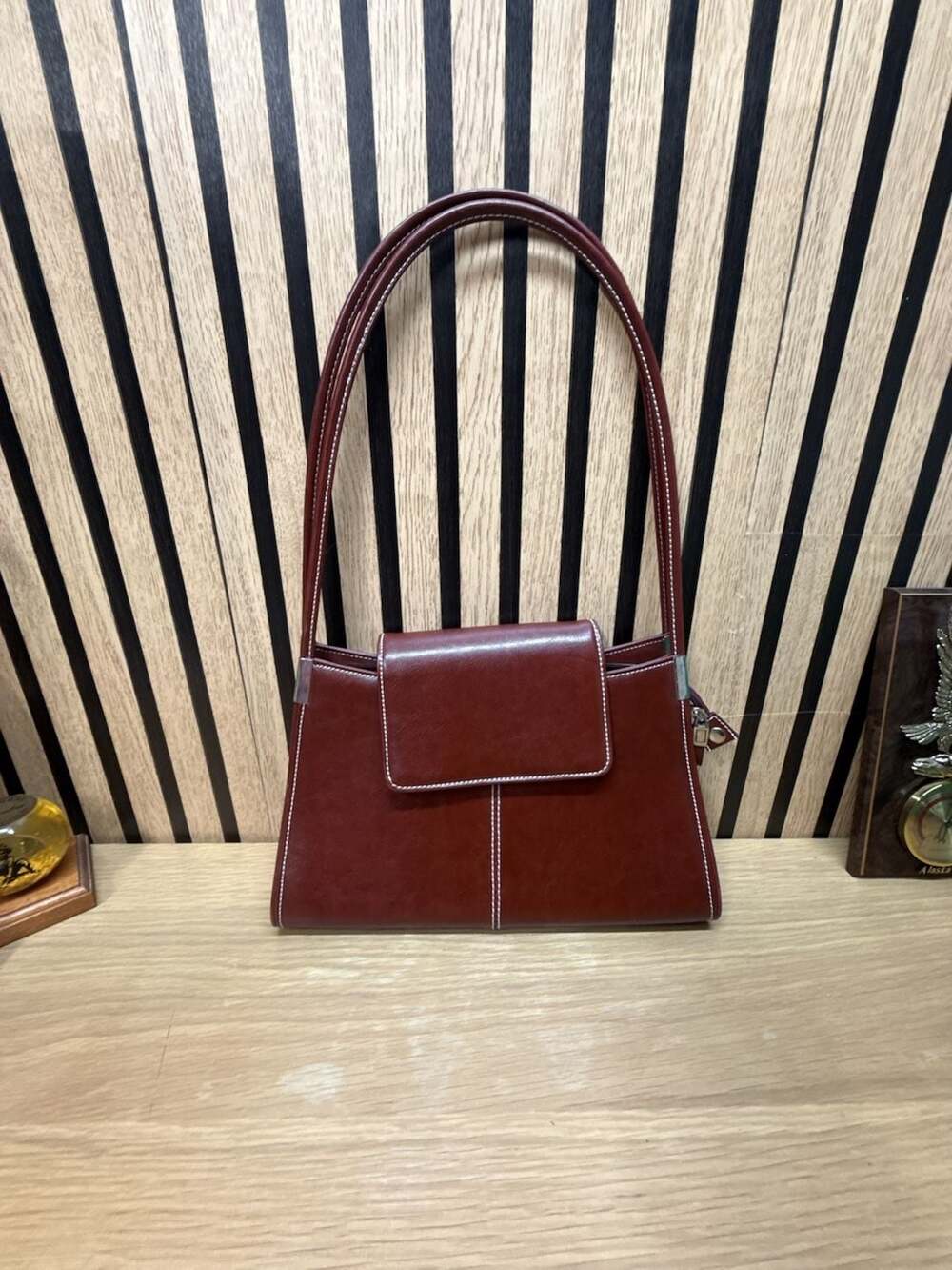 Vintage Structured Brown Faux Leather Shoulder Bag
